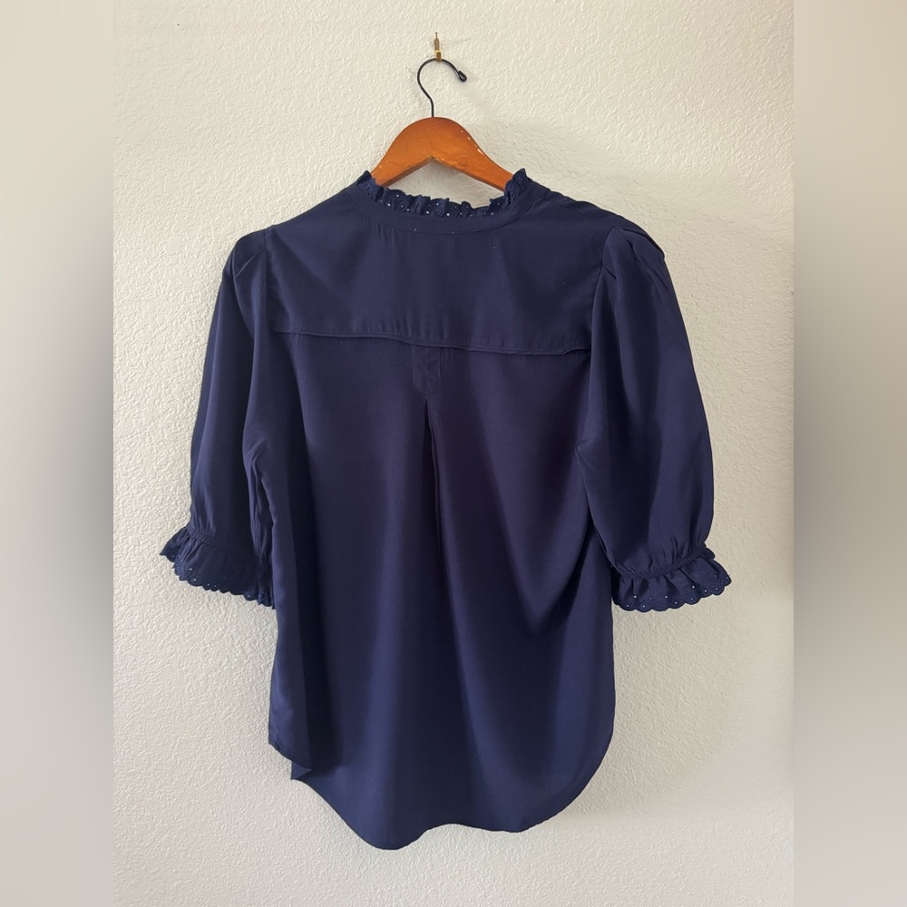 Democracy Navy Button-Front Ruffle Trim Blouse - Picture 2 of 4